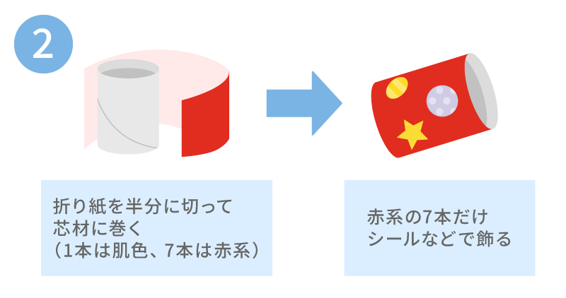 折り紙を芯に巻き、赤系の7本だけシールなどで飾る