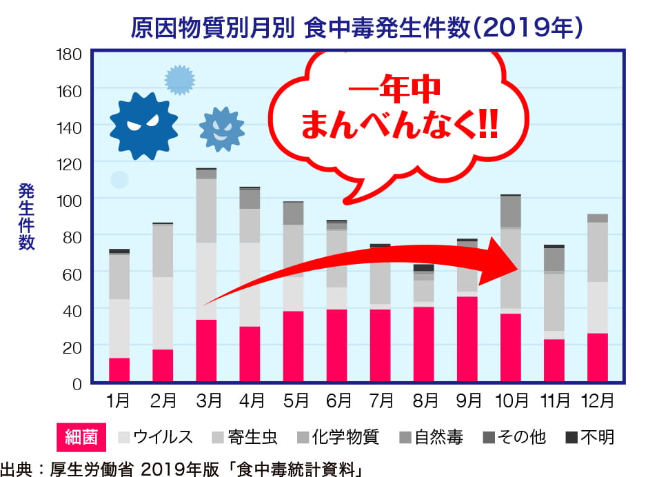 原因物質別月別 食中毒発生件数（2019年）