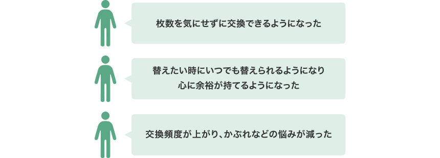 枚数を気にせずに交換できるようになった / 替えたい時にいつでも変えられるようになり心に余裕が持てるようになった / 交換頻度が上がり、かぶれなどの悩みが減った
