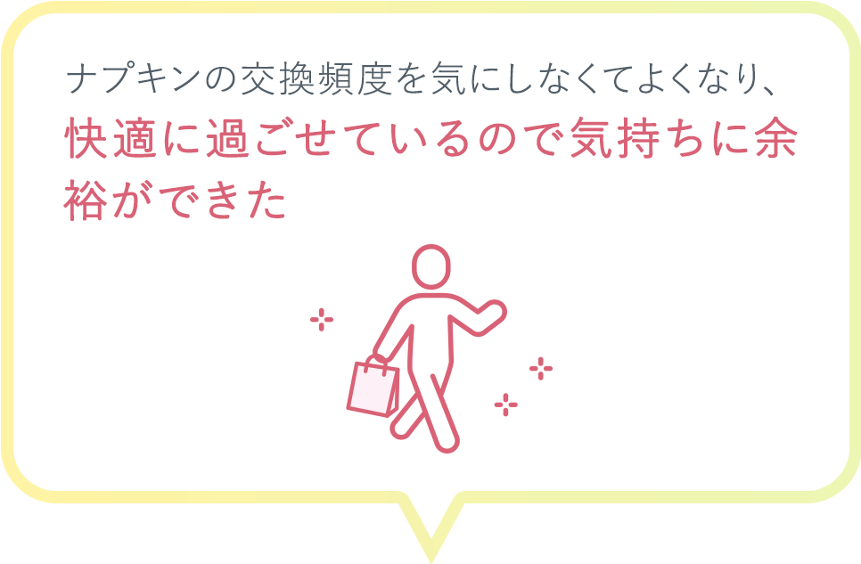 ナプキンの交換頻度を気にしなくてよくなり、快適に過ごせているので気持ちに余裕ができた