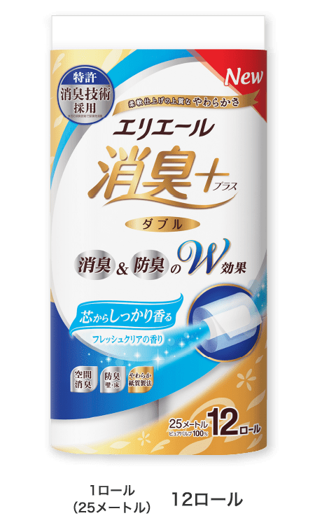 エリエール 消臭+ トイレットティシュー しっかり香るフレッシュクリアの香り 1ロール（25メートル）12ロール