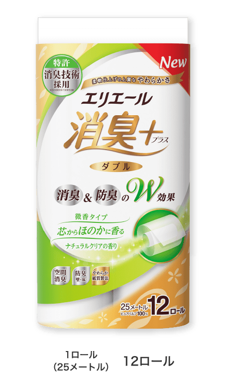エリエール 消臭+ トイレットティシュー ほのかに香るナチュラルクリアの香り 1ロール（25メートル）12ロール