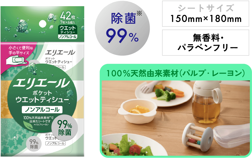 エリエール ポケットウエットティシュー 除菌ノンアルコールタイプ 除菌:99%※ シートサイズ:150mm×180mm 無香料・パラベンフリー 100％天然由来素材（パルプ・レーヨン）