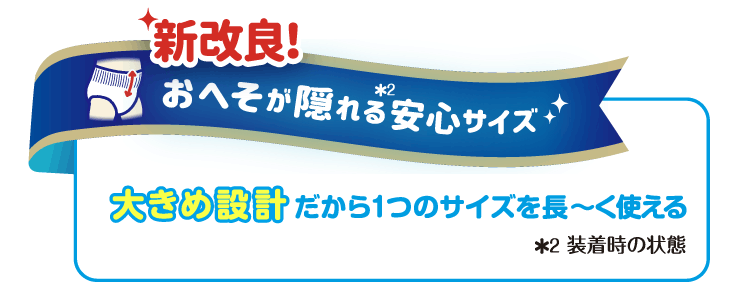 新改良!おへそが隠れる★2安心サイズ  大きめ設計だから1つのサイズを長ーく使える ★2装着時の状態