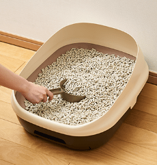 システムトイレ用猫砂の使用方法1：システムトイレ用トイレ本体に敷き詰める（汚れた砂を取り除く写真）