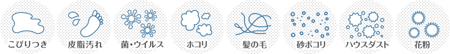 こびりつき、皮脂汚れ、菌・ウイルス、ホコリ、髪の毛、砂ボコり、ハウスダスト、花粉