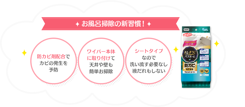 お風呂掃除の新習慣！　防カビ剤配合でカビの発生を予防・ワイパー本体に取り付けて、天井や壁も簡単お掃除・シートタイプなので洗い流す必要なし 液だれもしない