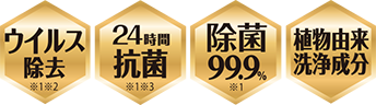ウイルス除去 ※1 ※2、24時間抗菌 ※1 ※3、除菌99.9％ ※1、植物由来洗浄成分