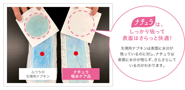 ナチュラは、しっかり吸って表面はさらっと快適！ 生理用ナプキンは表面に水分が残っているのに対し、ナチュラは表面に水分が残らず、さらさらしているのがわかります。