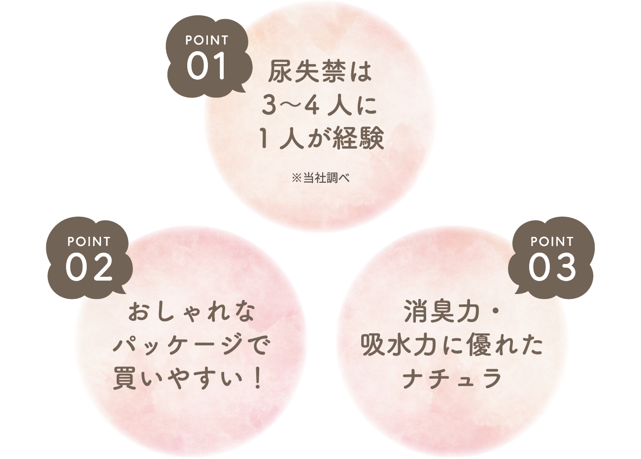 POINT01 尿失禁は3~4人に1人が経験※当社調べ　POINT02 おしゃれなパッケージで買いやすい！　POINT03 消臭力・吸水力に優れたナチュラ